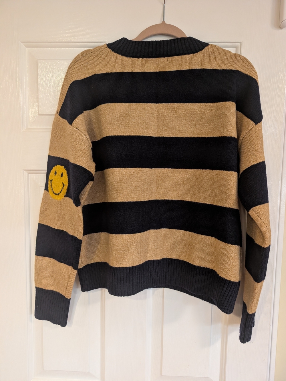 By Together Black and Tan Striped Crewneck Sweater with Smile Patch